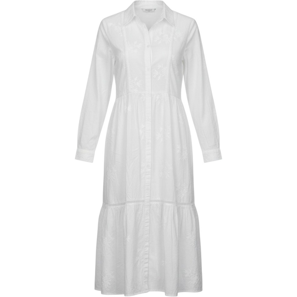 Zara White Floral Embroidered Cotton Tiered Midi Shirt Dress Long Sleeve L
